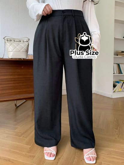 Calça Social Caimento Solto Perna Larga Com Plissados Várias Cores Plus Size