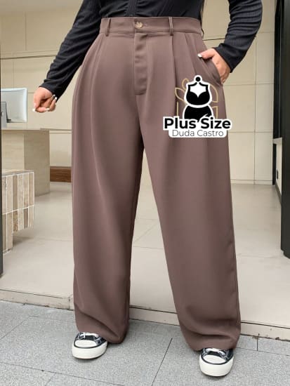 Calça Social Caimento Solto Perna Larga Com Plissados Várias Cores Plus Size