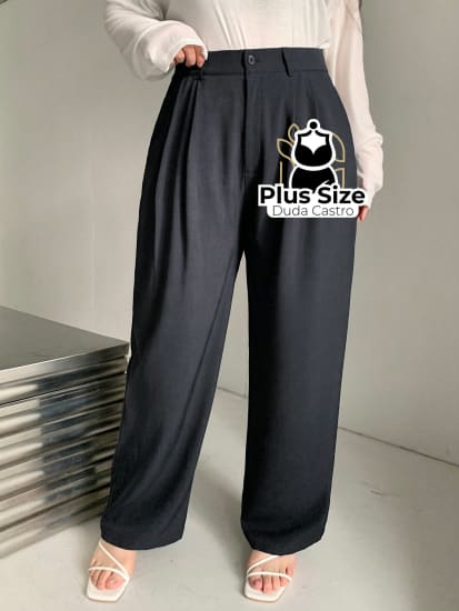 Calça Social Caimento Solto Perna Larga Com Plissados Várias Cores Plus Size