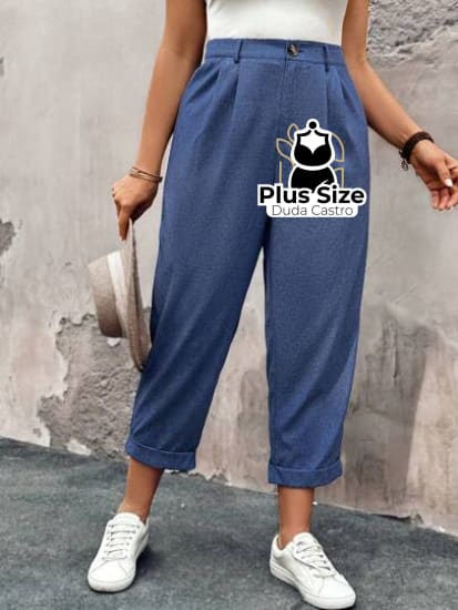 Calças Cintura Alta Com Pregas E Barra Dobrada Várias Cores Plus Size G / Azul Calça