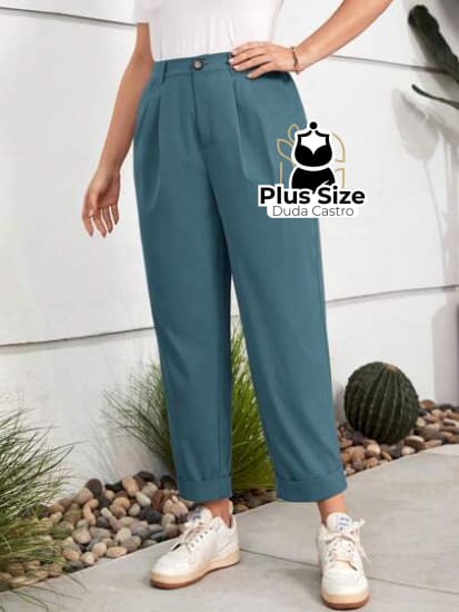 Calças Cintura Alta Com Pregas E Barra Dobrada Várias Cores Plus Size G / Azul Empoeirado Calça