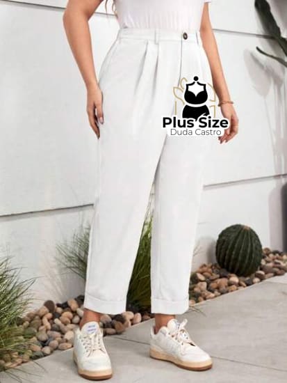 Calças Cintura Alta Com Pregas E Barra Dobrada Várias Cores Plus Size G / Branco Calça