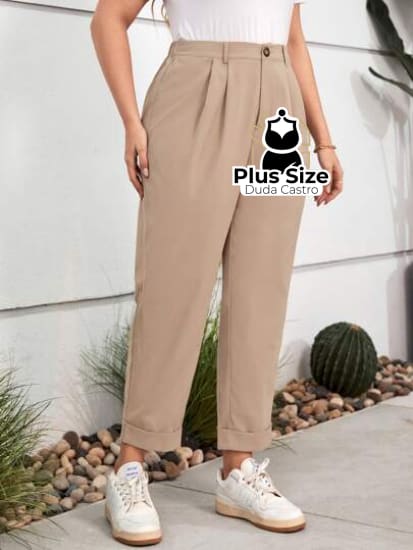 Calças Cintura Alta Com Pregas E Barra Dobrada Várias Cores Plus Size G / Caqui Calça