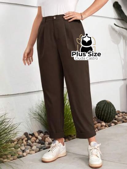 Calças Cintura Alta Com Pregas E Barra Dobrada Várias Cores Plus Size G / Castanho Calça