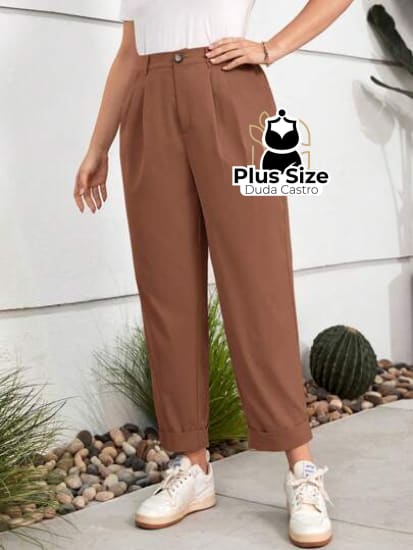 Calças Cintura Alta Com Pregas E Barra Dobrada Várias Cores Plus Size G / Chocolate Calça