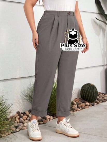 Calças Cintura Alta Com Pregas E Barra Dobrada Várias Cores Plus Size G / Cinza Calça