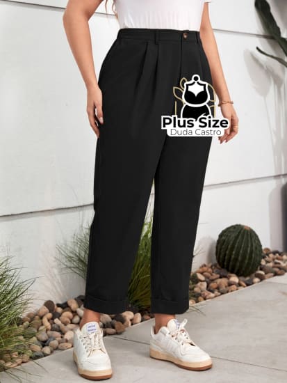 Calças Cintura Alta Com Pregas E Barra Dobrada Várias Cores Plus Size G / Preto Calça