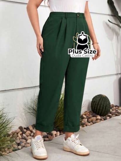 Calças Cintura Alta Com Pregas E Barra Dobrada Várias Cores Plus Size G / Verde Escuro Calça