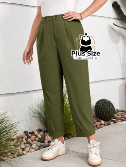 Calças Cintura Alta Com Pregas E Barra Dobrada Várias Cores Plus Size G / Verde Militar Calça