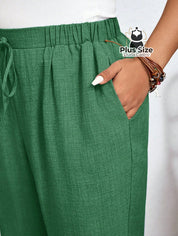 Calças Cintura Elástica e Bolsos Diagonais Plus Size Várias Cores Calças Cintura Elástica e Bolsos Diagonais Plus Size