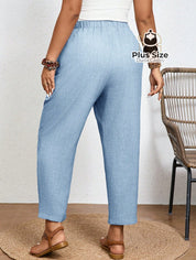 Calças Cintura Elástica e Bolsos Diagonais Plus Size Várias Cores Calças Cintura Elástica e Bolsos Diagonais Plus Size