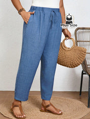 Calças Cintura Elástica e Bolsos Diagonais Plus Size Várias Cores G / Azul 197 Calças Cintura Elástica e Bolsos