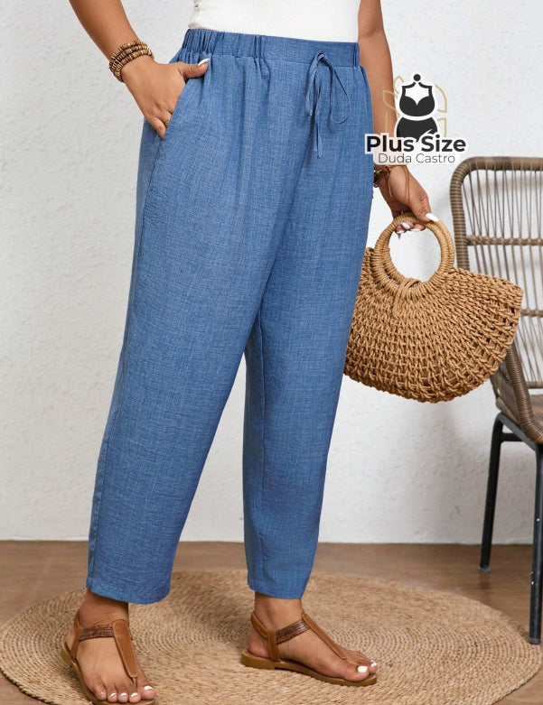  Azul 197 Calças Cintura Elástica e Bolsos