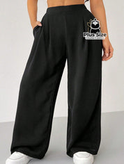 Calças Largas Soltas de Cintura Alta com Bolsos e Pregas Plus Size Várias Cores G / Preto 128 Calças Largas Soltas de