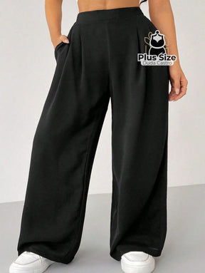 Calças Largas Soltas de Cintura Alta com Bolsos e Pregas Plus Size Várias Cores G / Preto 128 Calças Largas Soltas de