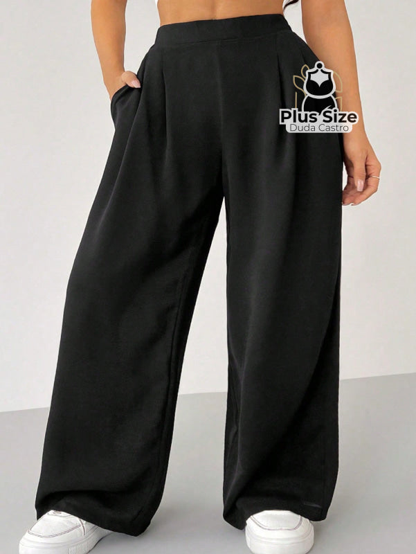 Calças Largas Soltas de Cintura Alta com Bolsos e Pregas Plus Size Várias Cores G / Preto 128 Calças Largas Soltas de