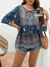 Camisa 100% Viscose Tipo Bata Plus Size Com Estampa Exclusiva E Decote Nó Na Gola