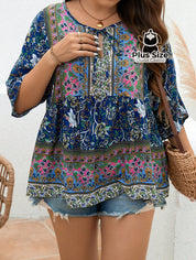 Camisa 100% Viscose Tipo Bata Plus Size Com Estampa Exclusiva E Decote Nó Na Gola