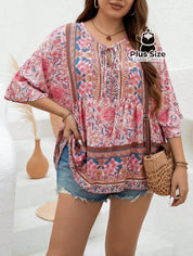 Camisa 100% Viscose Tipo Bata Plus Size Com Estampa Exclusiva E Decote Nó Na Gola