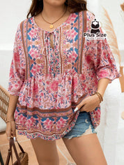 Camisa 100% Viscose Tipo Bata Plus Size Com Estampa Exclusiva E Decote Nó Na Gola