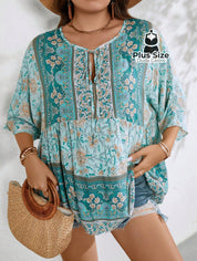 Camisa 100% Viscose Tipo Bata Plus Size Com Estampa Exclusiva E Decote Nó Na Gola