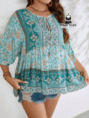 Camisa 100% Viscose Tipo Bata Plus Size Com Estampa Exclusiva E Decote Nó Na Gola
