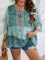 Camisa 100% Viscose Tipo Bata Plus Size Com Estampa Exclusiva E Decote Nó Na Gola