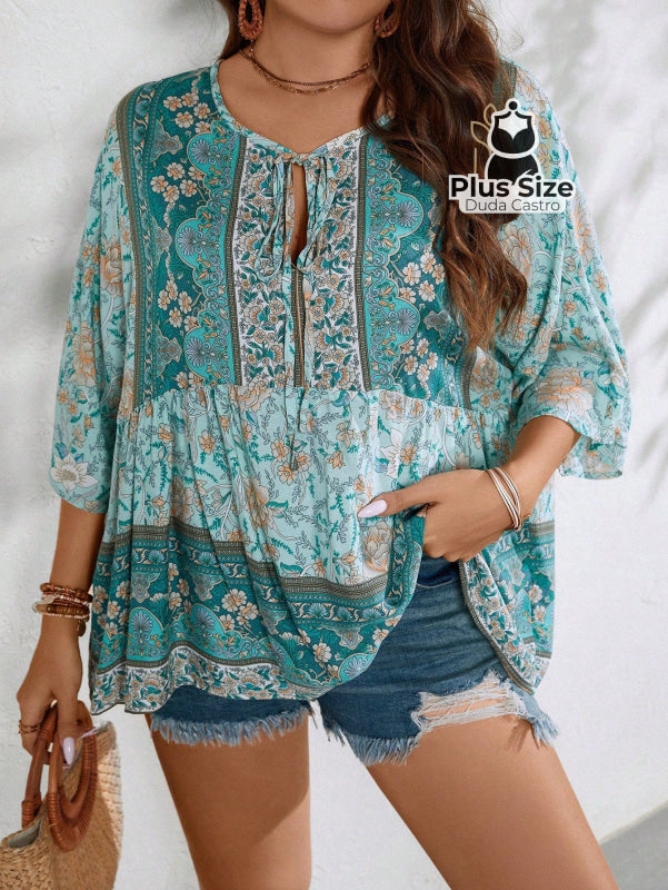 Camisa 100% Viscose Tipo Bata Plus Size Com Estampa Exclusiva E Decote Nó Na Gola