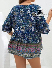 Camisa 100% Viscose Tipo Bata Plus Size Com Estampa Exclusiva E Decote Nó Na Gola