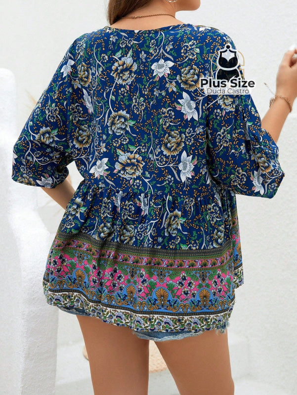 Camisa 100% Viscose Tipo Bata Plus Size Com Estampa Exclusiva E Decote Nó Na Gola
