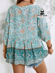 Camisa 100% Viscose Tipo Bata Plus Size Com Estampa Exclusiva E Decote Nó Na Gola