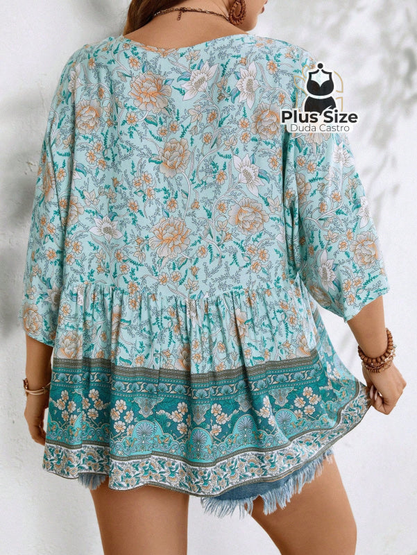 Camisa 100% Viscose Tipo Bata Plus Size Com Estampa Exclusiva E Decote Nó Na Gola