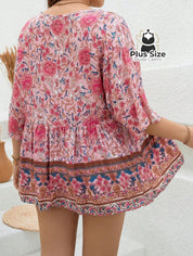 Camisa 100% Viscose Tipo Bata Plus Size Com Estampa Exclusiva E Decote Nó Na Gola