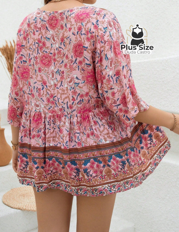 Camisa 100% Viscose Tipo Bata Plus Size Com Estampa Exclusiva E Decote Nó Na Gola