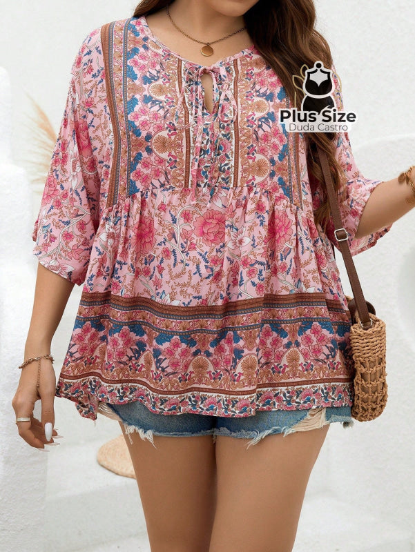 Camisa 100% Viscose Tipo Bata Plus Size Com Estampa Exclusiva E Decote Nó Na Gola