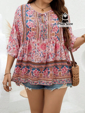 Camisa 100% Viscose Tipo Bata Plus Size Com Estampa Exclusiva E Decote Nó Na Gola