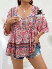 Camisa 100% Viscose Tipo Bata Plus Size Com Estampa Exclusiva E Decote Nó Na Gola