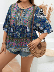 Camisa 100% Viscose Tipo Bata Plus Size Com Estampa Exclusiva E Decote Nó Na Gola