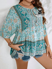 Camisa 100% Viscose Tipo Bata Plus Size Com Estampa Exclusiva E Decote Nó Na Gola
