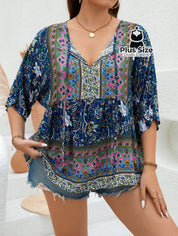 Camisa 100% Viscose Tipo Bata Plus Size Com Estampa Exclusiva E Decote Nó Na Gola