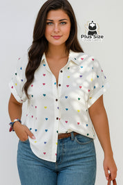Camisa com Estampa Delicada de Corações e Caimento Solto G / Branco Camisa com Estampa Delicada de Corações e Caimento