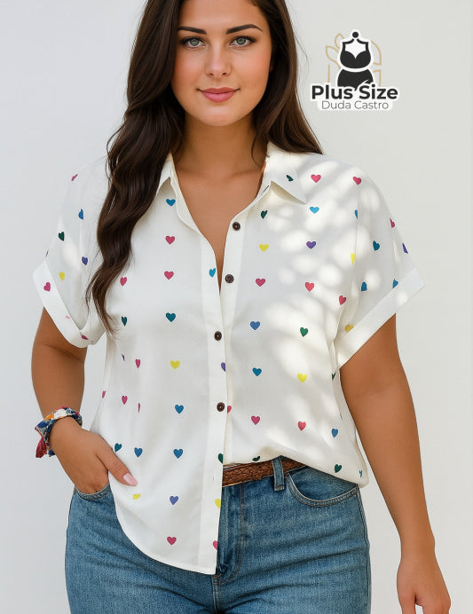  Branco Camisa com Estampa Delicada de Corações e Caimento