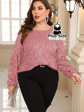 Camisa Com Manga Lanterna Brilhante Plus Size Sueter