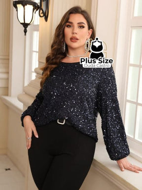 Camisa Plus Size Com Manga Lanterna Brilhante Blusa