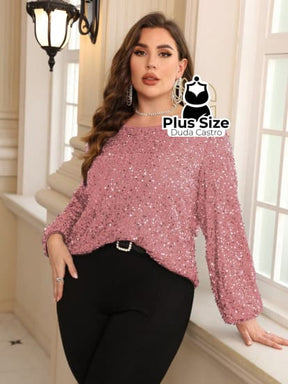 Camisa Com Manga Lanterna Brilhante Plus Size Sueter