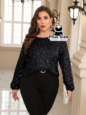 Camisa Plus Size Com Manga Lanterna Brilhante Blusa