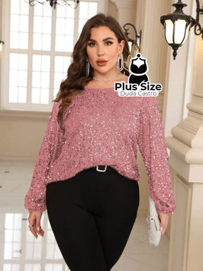 Camisa Plus Size Com Manga Lanterna Brilhante Blusa