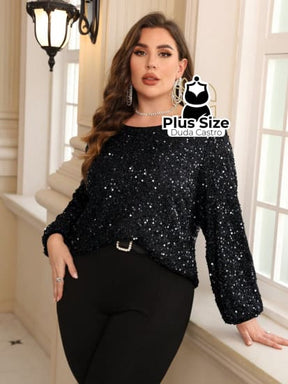 Camisa Plus Size Com Manga Lanterna Brilhante Blusa