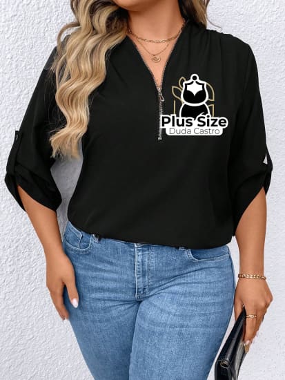 Camisa Com Zíper Manga 7/8 Plus Size Blusa