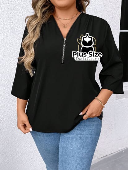 Camisa Com Zíper Manga 7/8 Plus Size Blusa